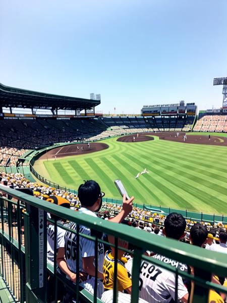 masterpiece, best quality, ultra-detailed, illustration,
koshienstadium, crowd, black hair, outdoors, shirt, male focus, 6+boys, short hair, short sleeves, multiple boys, cloud, yellow shirt, scenery, sky,  people, 6+others,  sportswear, 1boy, too many, multiple girls, 6+girls, real world location, baseball stadium
 <lora:KoshienstadiumV2:1>