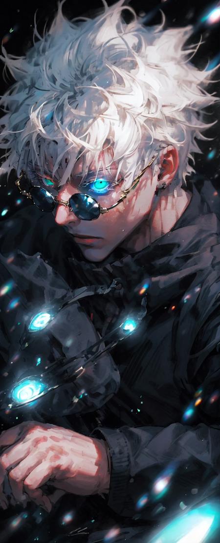 1 boy,rim light,looking_at_screen,masterpiece,best quality,solo,Gojo Satoru,highest detailed.sunglasses,Glowing eyes,white hair,<lora:Gojo Satoru:0.8>,