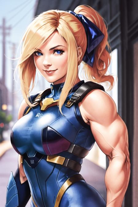 1girl, solo, samus aran, (blonde hair), ((blue eyes)), janrock-12000, ponytail, detailed face, detailed eyes, intricate details, (portrait), ((detailed pupils)), short hair, (zero suit), bodysuit, thick body, forest, street fighter, (((upper body))), looking at viewer, closed mouth, seductive smile, modelshoot style