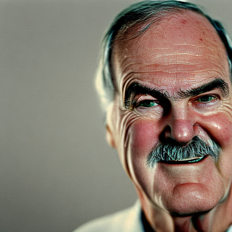 A close up glamour photograph of (John Cleese)  smiling for the camera studio lighting gradient background clear face pale...