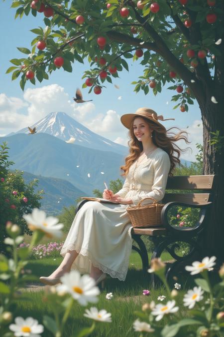 A serene portrait of a joyful elegant woman, flowing hair and vintage outfit, adorned with a hat tied with ribbon, sits effortlessly near the wooden bench under the apple tree. She writes with ease, surrounded by a basket, falling petals, and soft focus. The blurred foreground features mountain, butterfly, birds, white flowers, and foliage, creating a dreamy atmosphere.