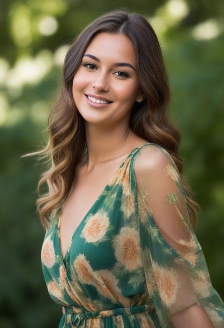 Create a highly realistic full body portrait of a young, slight smile, camera focused around 23 years old. The image should be detailed and lifelike, making it challenging to discern whether it's a real photograph or a digital creation. Focus on achieving realism in her facial features, skin texture, and hair, and ensure the lighting contributes to the overall authentic appearance. Hair is long and silky, floating in air, outdoor, floral dress, green and gold shading light