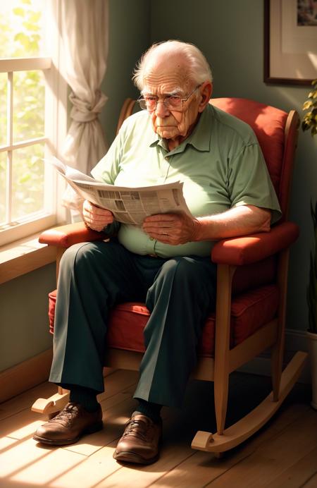 WholesomeGrandpas, award winning portrait photo, frowning, reading the newspaper, sitting in a rocking chair, Key light, backlight, soft natural lighting, photography 1400 ISO film grain 100mm lens RAW aperture f1.4, highly detailed,  ((full body)), (analog photography:1.0), hdr colors