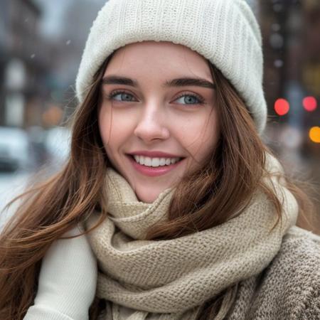 Candid photo of a young woman, age 20, wearing winter clothing with a warm scarf and a cozy hat, smiling gently, upper body framing, on a snowy street under the soft diffused lighting of a cloudy winter day, shot at eye level on a Canon EOS 5D with a 50mm lens, in the style of Alberto Seveso., (masterpiece, best quality, hires, high resolution:1.2, 4k, 8k , high quality), extremely detailed, realistic, intricate details, highres, <lora:Kiiira_set2_V3_reg:1>