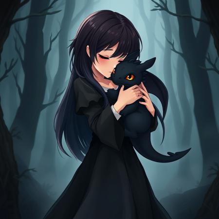 visual novel. The girl hugs and kisses the little black dragon. 1 girl, long hair, black hair, wearing a long, black, shiny dress. 1 dragon, small, black, golden eyes, cute. In the dark forest, the fog is all around. (high quality:1.3). (insane detail:1.3). (beautiful girl:1.4). (detailed eyes:1.25). (detailed lips:1.25). 4k. (full body:1.5)