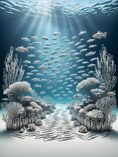 An underwater scene with a detailed coral reef and a school of fish swimming, all crafted from ais-paperclips <lora:Paperclips_Style_SDXL:1>