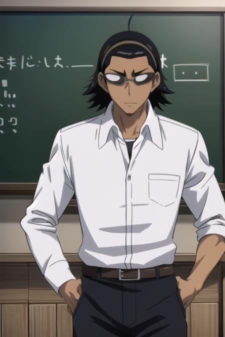 kenjiharima, <lora:kenji harima s2-lora-nochekaiser:1>,
kenji harima, black hair, male focus, glasses, dark skin, dark-skinned male hair band, ahoge,
BREAK school uniform, belt, shirt, white shirt, collared shirt, long sleeves, pants, black pants,
BREAK indoors, classroom,
BREAK looking at viewer, (cowboy shot:1.5),
BREAK <lyco:GoodHands-beta2:1>, (masterpiece:1.2), best quality, high resolution, unity 8k wallpaper, (illustration:0.8), (beautiful detailed eyes:1.6), extremely detailed face, perfect lighting, extremely detailed CG, (perfect hands, perfect anatomy),