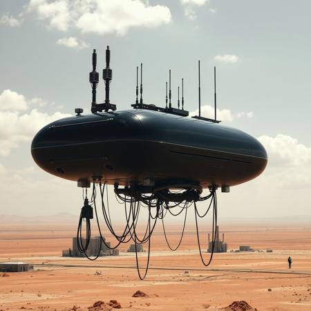 ultra high resolution, masterpiece, best quality, small featureless smooth glossy black glass spacecraft hovering low to the ground, underneath the spacecraft are cables hoses and wires, antennas on top, cables hanging from below, rectangular in shape, futuristic world, post apocalyptic landscape, ((low concrete buildings:1.3)) anti gravity, in the atmosphere, sky, clouds, ground visible, hovering, dry, ((dusty)), bleak landscape, parched, orange light, sunlight, square shapes, bleached colors,