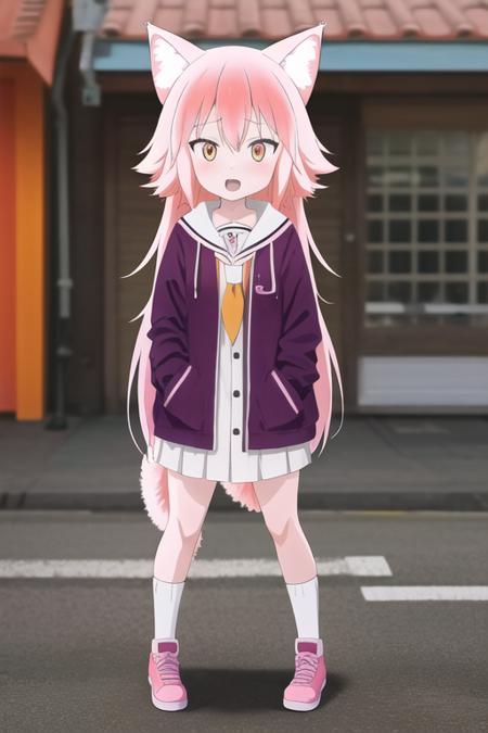 1girl, serafuku, street background, little girl, animal ears, wolf ears, wolf tail, full body, murenase, pink hair, orange eyes