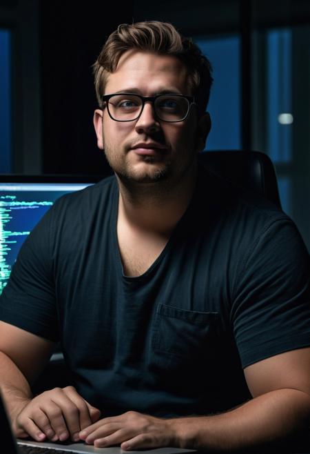 ((cinematic hazey atmosphere, romantic movie, romance film, arthouse film)), ((dark, night nighttime, dark background, shadows)), Tanned chubby 30 year old German man, wearing a black t-shirt and blue jeans, light brown messy hair, glasses, stubble, doublechin, broad face, blue green eyes, big fat arms, big neck, big belly, (nerd, programmer, coder), gentle smile, (sitting in dark office at night while programming on a high-tech computer),