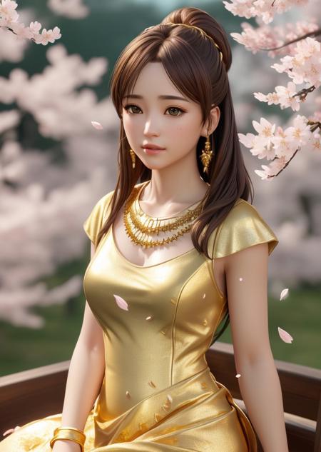 HDR,8k resolution, (realistic, photo-realistic), ultra-detailed,(front lighting), closed up portrait photo, physically-based rendering, 1girl, (25 yo) , (highly detailed skin:1.3) ,((solo)), ((gold dress)),(golden jewelry), (scattered sakura petals:1.2),(detailed clothes features),