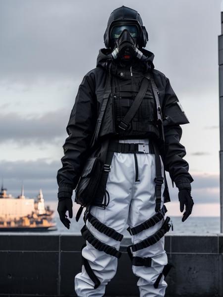 beatiful russian woman standing on a roof turned around wearing black techwear jacket and white trousers with buckle and tape, gas mask, long black hair, long legs, white backpack, full body, best quality, looking in the distance, military harbor in the background, perfect fingers, skin detail, high detail, 4K, (realistic:1.2) <lora:urbansamuraiv3testing:0.7>