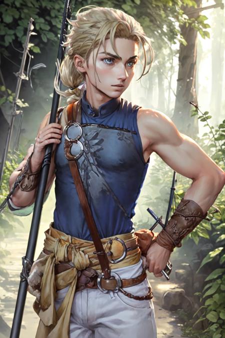 JowyAtreides, blue shirt, white pants, yellow belt, sleeveless,   1boy, solo,   blonde hair,low ponytail, holding staff, staff, weapon, <lora:JowyAterides_Suikoden2V1.1:1>