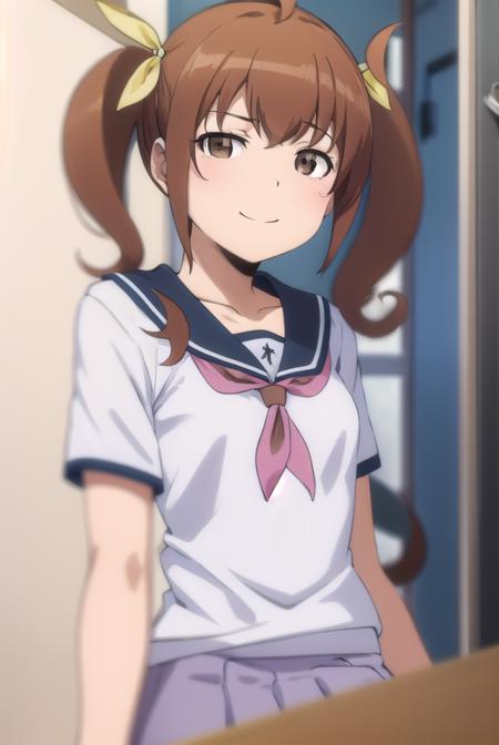 kanaokurusu, <lora:kanao kurusu s2-lora-nochekaiser:1>,
kanao kurusu, brown hair, ribbon, twintails, (brown eyes:1.5), hair ribbon, ahoge, smile, grin,
BREAK skirt, school uniform, serafuku, shirt, white shirt, grey sailor collar, grey skirt, pleated skirt, neckerchief, pink neckerchief,
BREAK indoors, classroom,
BREAK looking at viewer, (cowboy shot:1.5),
BREAK <lyco:GoodHands-beta2:1>, (masterpiece:1.2), best quality, high resolution, unity 8k wallpaper, (illustration:0.8), (beautiful detailed eyes:1.6), extremely detailed face, perfect lighting, extremely detailed CG, (perfect hands, perfect anatomy),