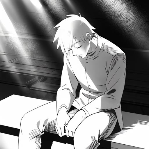 A boy with blond hair sits on a bench in a dark room.