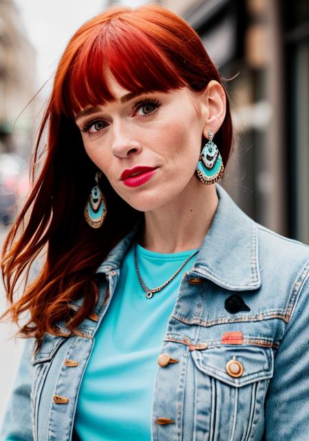 RAW photo, a American plan portrait photo of  AudreyFleurotV1, (red hair bangs haircut), wearing fantasy animal printed top and jean jacket holding a cigarette in her hand, donuts earings, fantasy necklace, denim_skirt, strong colored makeup, (large natural breast:1.3), pale skin, body freckle, slim body, background is french street, (high detailed skin:1.2), 8k uhd, dslr, soft lighting, high quality, film grain, Fujifilm XT3