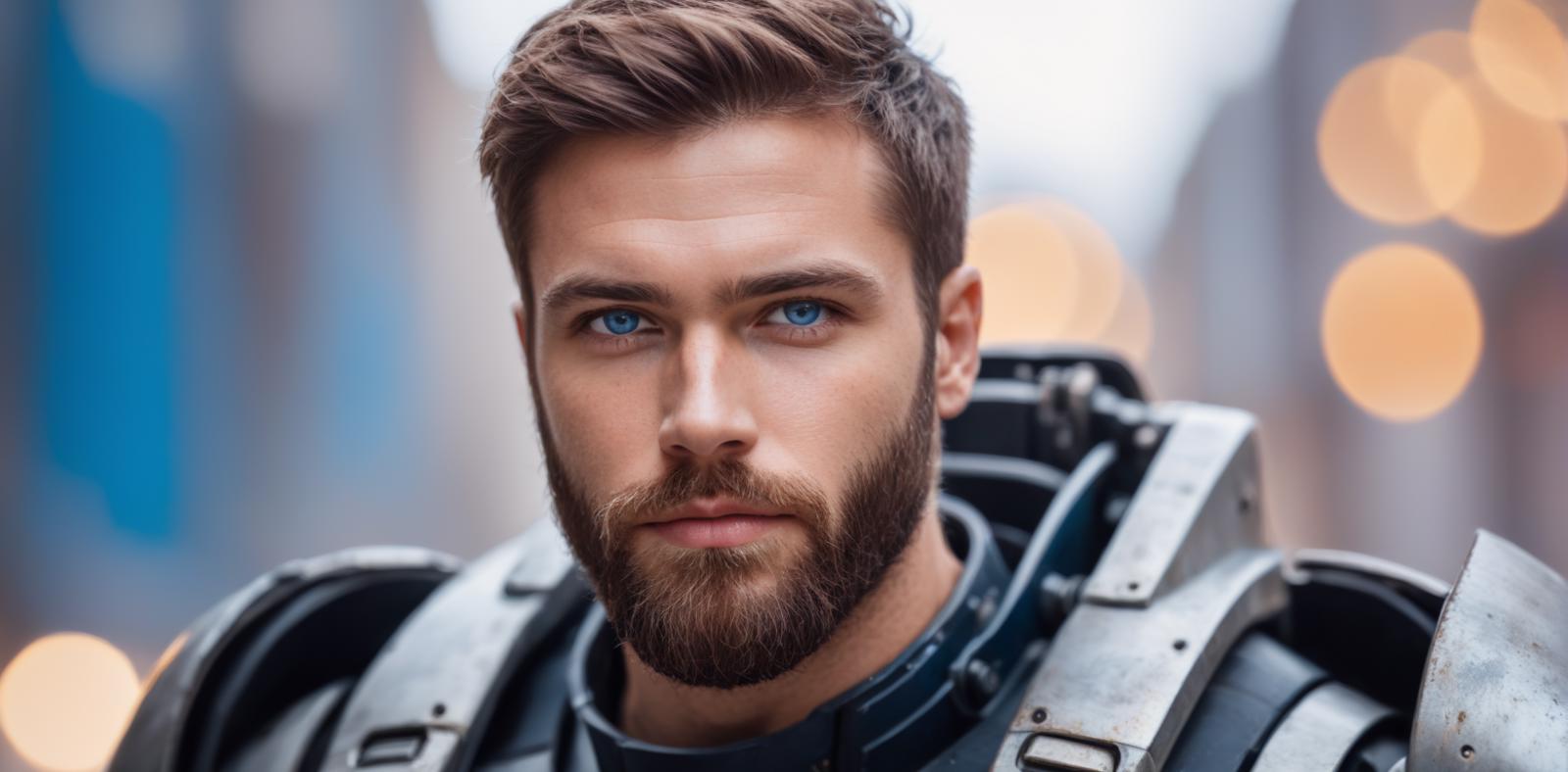 A man with blue eyes, a beard, and a black vest.