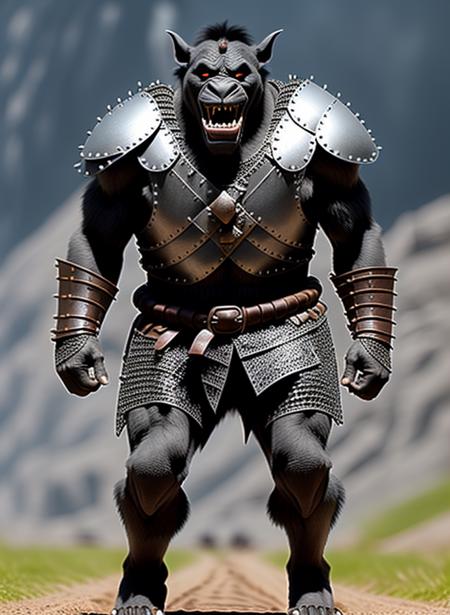 a detailed (full body) (from distance:1.2) photography of Trolloc (running:1.1) with furious face, (steel:1.1) (chainmail armor:1.2), (thigh gap:1.1), grey-black body. standing in tundra. short fur, bloodied, medieval, detailed

 <lora:WoTrolloc:0.7>