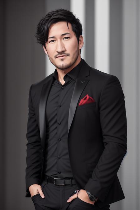 <lora:Markiplier:.4>, ((close up)) of Markiplier wearing a black suit, soft smile, red and black hair, hands in pockets, photo realistic, photo shoot, dynamic lighting, high detail, hyper realistic