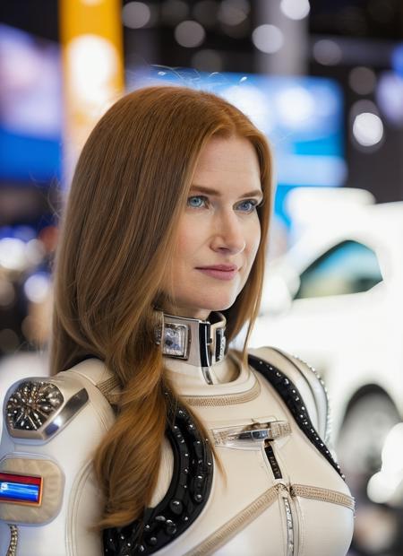 close up RAW professional photo of sks woman posing at (international motor show:1.2), futuristic fashion, wearing (futuristic embellished spacesuit:1.2), over-knee boots, huge breasts, detailed eyes, detailed skin, Redhead ponytail, (bokeh:1.2), highly detailed, intricate details, <lora:locon_kathryn_v1_from_v1_64_32:1.25>