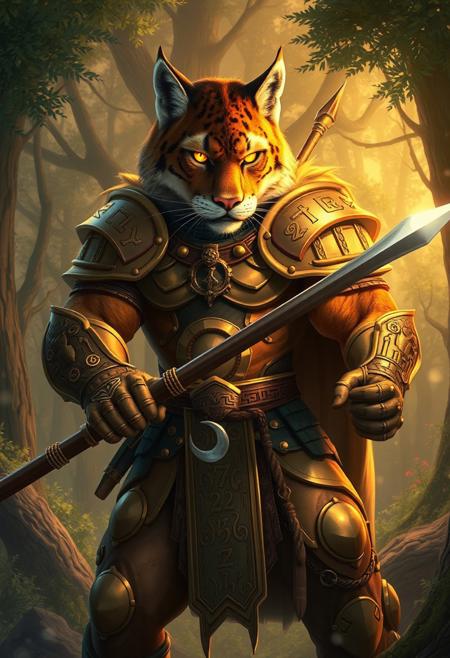 Anthropomorphic big muscle cougar warrior wearing gold armor, adorned with magical runes, glowing eyes. welding a lance, Background: a fantasy landscape lush forest, Golden Hour. Magical details with light and color effects.