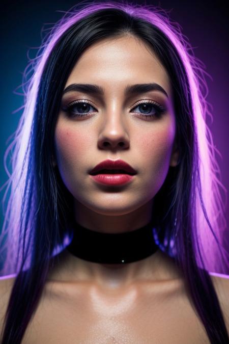 1girl, 
NEOST, 1girl, medium black hair, wet hair, dark eyes, glossy makeup, glitter on face, glossy lips, choker, necklace, close-up, neon lights, red and blue lighting, night, blurry background, detailed
 pubic hair,