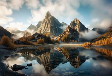 their peaks veiled in mist. mixed media, surrealism, great lighting, A surreal landscape highly detailed . extremely high-resolution details,  appears trapped in an optical illusion of reflections and refractions colorful , professional photography, natural lighting, GhostlyStyle, volumetric lighting maximalist. intricately detailed, complex, elegant, expansive, fantastical, film photography style,  medium grain, lthndrtrl