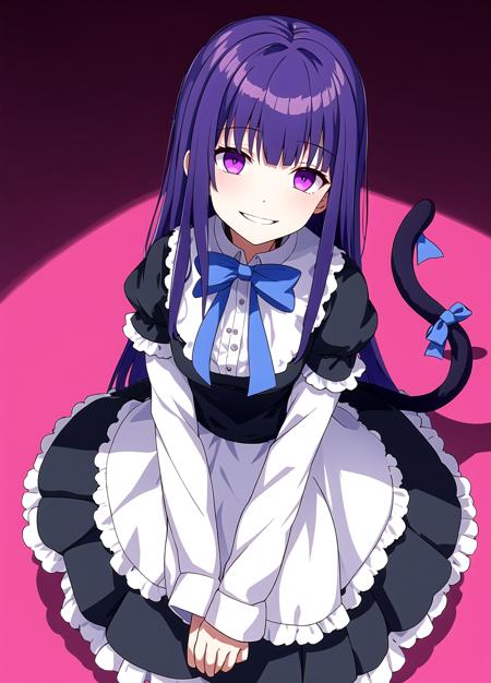 facing us, masterpiece, best quality, outdoors, red clouds, red lights everywhere, frederica bernkastel, hands behind your back, background empty field to the horizon, dark background,  dark clouds sky , 1girl, tail, solo, purple eyes, dress, long hair, cat tail, blue hair, bow, ribbon, kneehighs, frills,    <lora:Frederica Bernkastel anyloraCheckpoint8ep26ryes40-000006:0.6>, yandere, evil smile, from above, closed mouth, dark, pink theme, pale skin, shaded face,  <lora:yameroyandere-v2:0.7>