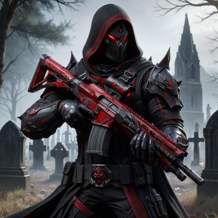 a realistic action shot of a fantasy game character wielding a black and red assault rifle, wearing black armor and hood, graveyard in background, HD, masterpiece, best quality, hyper detailed, ultra detailed,