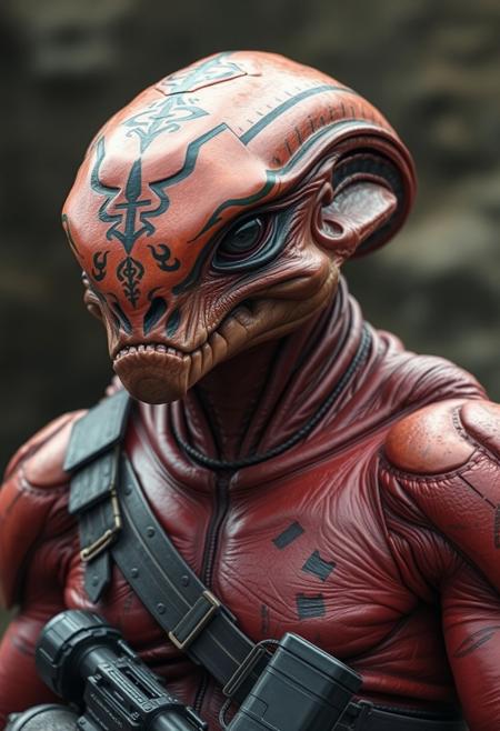 score_9, score_8_up, score_7_up, , large male alien with reddish leathery skin, alien has small dark eyes, skull has a hard carapace on top like a helmet, hulking physique, face like a turtle, mixture of turtle and lizard features, tribal paint on skull, wearing bulky futuristic combat armor, science fiction, ng_deepnegative_v1_75t, easynegative, verybadimagenegative_v1.3