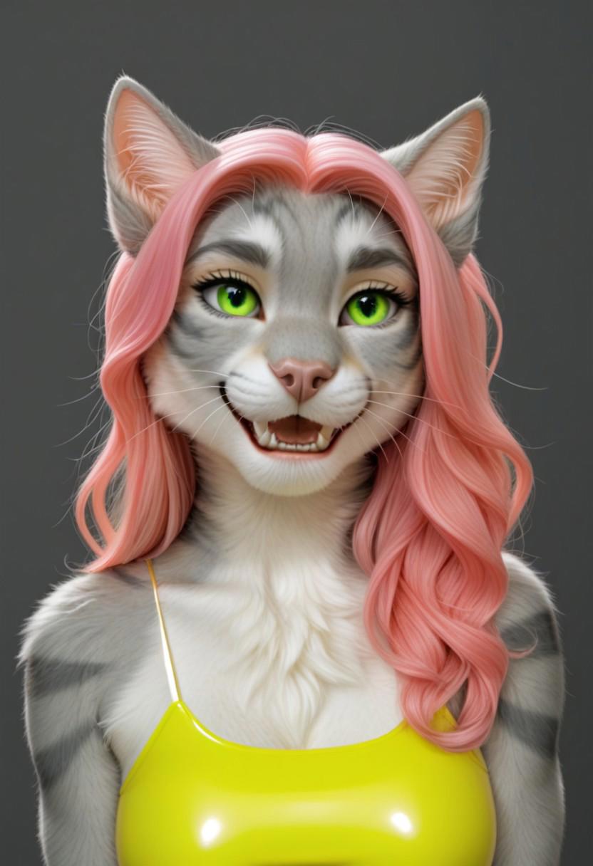 A 35mm photo of a beautiful woman, she is an anthropomorphic grey tabby cat, cat nose, cat teeth, green cat eyes, freckles, grey tabby cat fur, cat fur, grey tabby cat ears, pale pink hair, highlighter yellow satin bodysuit