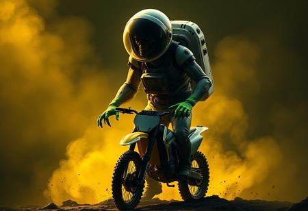 A monster in a space suit, in a grimdark, horror surrealist style with hyperrealistic details and a golden ratio composition. The transparent body reveals green arms, set against a dark, smoky background. The scene is inspired by Dan Hillier, with in-game 3D details, and influenced by Richard Anuszkiewicz, Jason A. Engle, and Ivan Meštrović. The piece features ghostly elements and dramatic, yellow-shifted lighting, rendered in octane for a clean, minimalistic, and award-winning vector line style. A space-themed dirt bike is also present