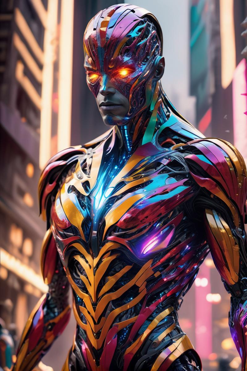 A futuristic robot with a colorful metallic design stands in a cityscape.