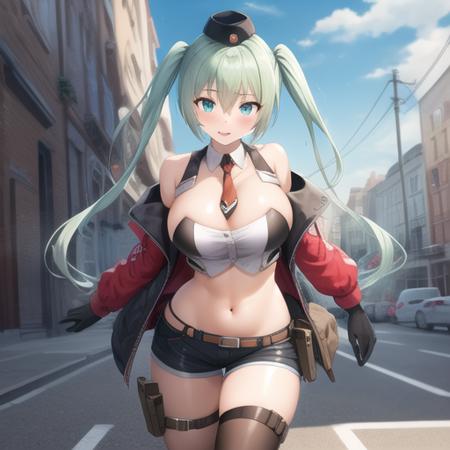 (masterpiece, best quality:1.2),illustration,8k,hd,city,1girl,solo,cowboy shot,micro uzi (girls frontline),aqua eyes,aqua hair,belt,between breasts,black gloves,blush,boots,black thighhighs,cleavage cutout,detached sleeves,eyebrows visible through hair,hair between eyes,hat,holster,large breasts,long sleeves,long twintails,midriff,navel,necktie between breasts,short shorts,twintails,<lora:Micro Uzi(gf)>,