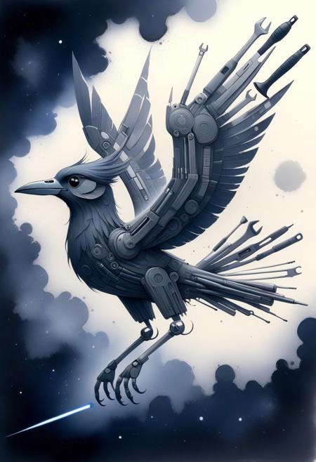 Highest quality, masterpiece, starwars style, made of tools, space bird, A dynamic ink-wash style,