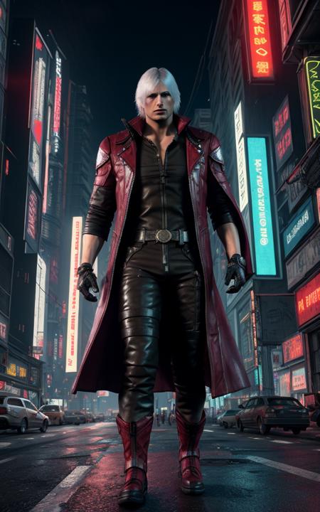 Dante <lora:dmc_dante:.8> from devil may cry universe wearing maroon mecha suit and maroon metallic cape, (reimagined in a cyberpunk universe), (cyberpunk style), (cyberpunk), (cyberpunk style dante armour), bald, (augmentation), (cybernetics), wearing cyberpunk bodysuit with maroon dante cape, glowing neon red lights, cinematic scene, hero view, action pose, beautiful 8k, detailed background, masterpiece, best quality, high quality, absurdres, vivid, detailed skin texture, (neon red glow tubes running through the outfit:1.1), (brooding:0.5), (goosebumps:0.5), subsurface scattering,  <lora:GoodHands-vanilla:1>