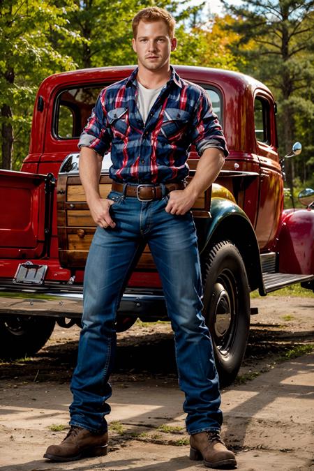 1937 Chevy pickup truck, standing next to truck, sweaty BluKennedy, sexycowboy, plaid shirt, closed shirt, blue jeans, belt, work boots, holding a shovel, masterpiece, (((full body portrait))), wide angle <lora:BluKennedy-000008:0.8>   <lora:Clothing - Sexy Cowboy:0.25>