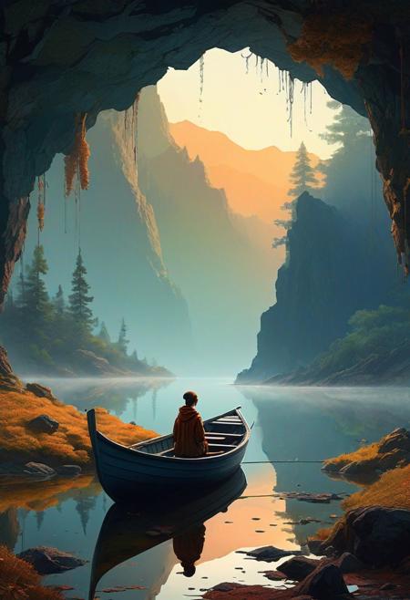 (art by Ivan Pokhitonov and Nikolai Triik and Maxfield Parrish:1.2), ( award winning, (aesthetic of abstract landscape with wailing atmosphere:0.1),dystopian style from the cave you can see a smooth lake, a girl and a dog are sitting in a boat, there is fog on the shore, a dark forest, mountains are illuminated by dawn in a haze . bleak, post-apocalyptic, somber, dramatic, highly detailed
 battle stancevibrant,  , highly detailed,byJocelyn Hobbie and Charles Dwyer, Triadic color guide,Leica Q2 with Summilux 28mm f/1.7 ASPH, ,clear face, Ultra High Resolution,