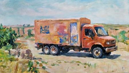 oil on canvas, colorful art stylized by John Henry Twachtman and (Rubn Maya:1.1) , impressionism art, [concept art, landscape of a Ashgabat and Hellenistic Postal delivery truck, Summer, Animecore::15], <lora:OIL_ON_CANVAS_v3:1>