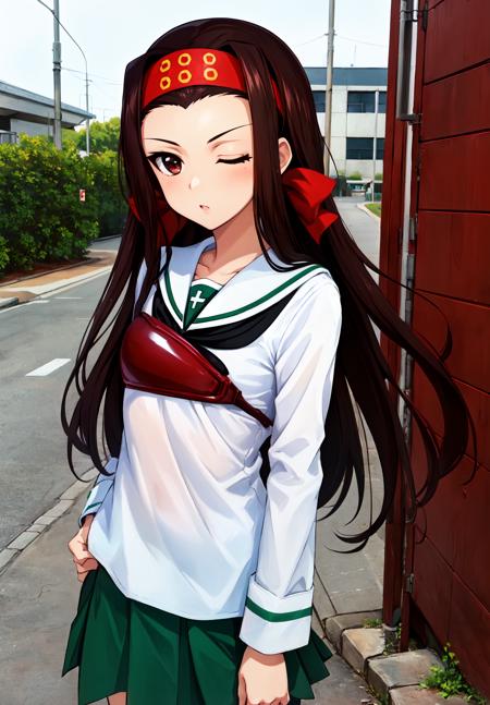 masterpiece, best quality, outdoors,
saemonzaschool, 1girl, solo, looking at viewer, long hair, headband, brown hair, brown eyes, one eye closed, red headband,
school uniform, ooarai school uniform, serafuku, long sleeves, neckerchief, blouse, white shirt, pleated skirt, green skirt,
<lora:LoRA_Saemonza:1>