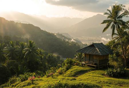 A serene, picturesque valley in the Philippines with lush greenery, gentle sunlight filtering through tropical trees. A traditional Nipa hut (Filipino bahay kubo) sits peacefully on a hilltop or slope, overlooking a majestic mountain range in the background. The hut is made of bamboo and thatched palm leaves, surrounded by vibrant flowers and native vegetation. Mist rises gently from the valley below. Soft golden-hour lighting enhances the tranquil atmosphere. Realistic, high detail, cinematic quality.
