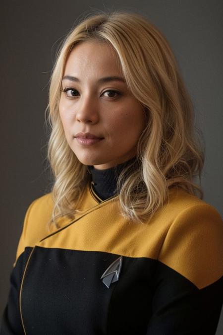 1girl, Asian, light Blonde Hair (close up:1.4), ((headshot)),  yellow pcdst uniform, long sleeves, blurry background<lora:STPicardUniforms:0.8>
