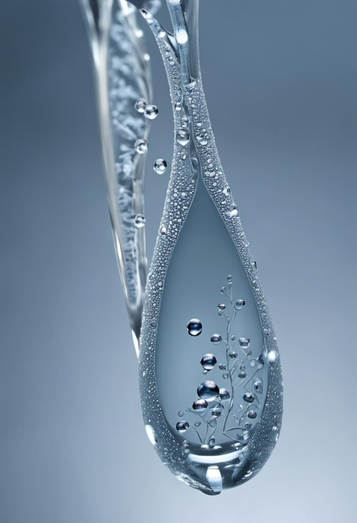 A closeup of a single drop of water with condensation and tiny bubbles.