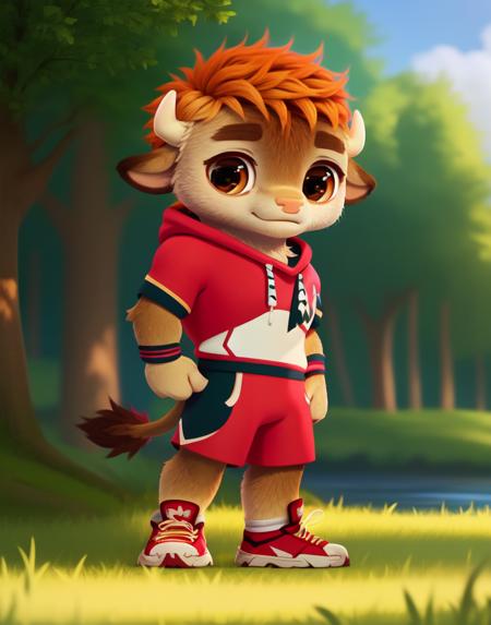 RonBisonCartoon red hair, brown eyes, red sports sweatshirt, black and red fitness bracelet, red sneakers with white soles,