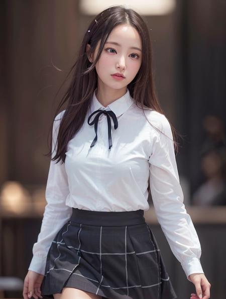 <(photorealistic:1.3), (intricate details:1.2) ultra high res>, 1girl, (solo:1.2), (photorealistic:1.0), upper body, yeonwoo, (detailed face:1.1), (long sleeves:1.1), (black tie:1.1), plaid skirt, pink skirt, floating hair, slender body, proportional body, toned body, <lora:ywftw:0.7>, dark studio, rim lighting, two tone lighting, dimly lit, low key, <lora:epiNoiseoffset_v2:0.75>