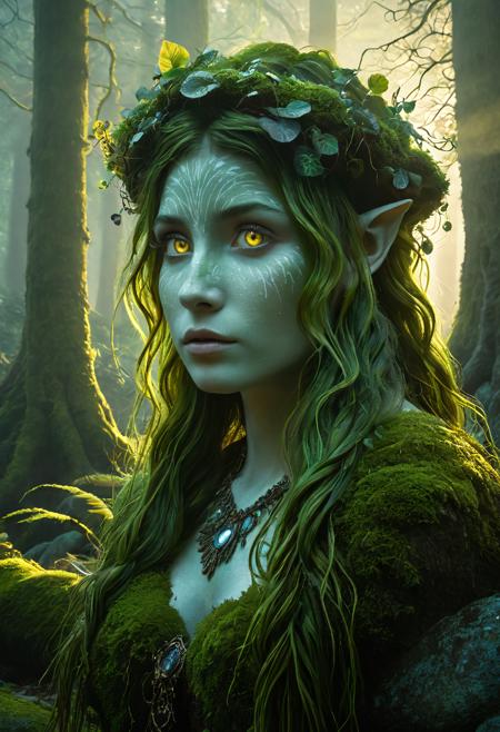 Dryad, forest spirit, bark-covered skin, glowing eyes, moss-covered stones, vines as hair, early morning light, soft mist in the air, magical clearing, lush vegetation, ambient fog, enchanted forest, high detail, masterpiece, best quality, cinematic lighting, soft glow, ethereal atmosphere, subtle color palette, realistic textures