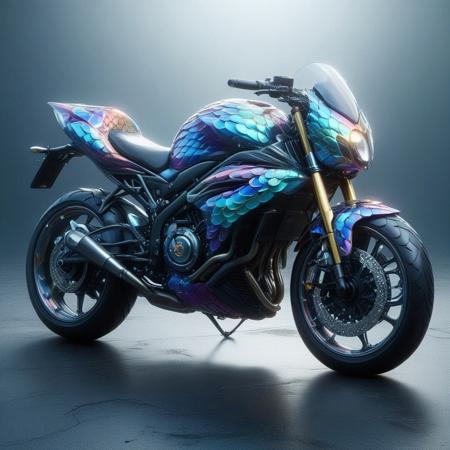 p1nk1r1sc4l3s, a motorbike made out of iridescent scales, masterpiece, best quality, highly detailed, sharp focus, dynamic lighting