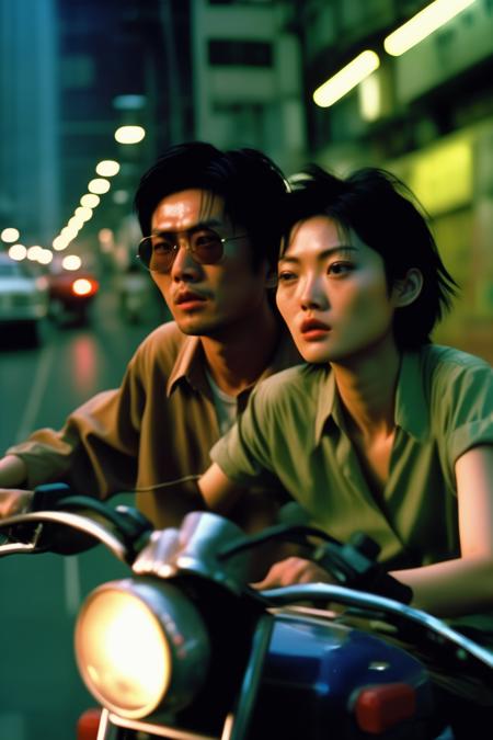 <lora:Director Wong Kar-wai style:1>Director Wong Kar-wai style - Movie scenes of Chungking Express, in the style of high speed film, movement and spontaneity captured, movement and spontaneity captured, a Asian Couple ride motorcycles on the roadway, in Hong Kong old time, 90s, Hong Kong gangster movie, Young and photography film style in in the style of high speed film, movement and spontaneity captured, movement and spontaneity captured, muted colours, eclectic curatorial style, in the style of surrealist dreamlike scenes, i can't believe how beautiful this is, street scenes with vibrant colors, cinestill 50d