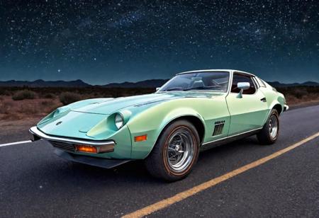 european 70s sports car, high quality, high resolution, on a long straight road, at starry night, milk way background, pastel colors, lineart