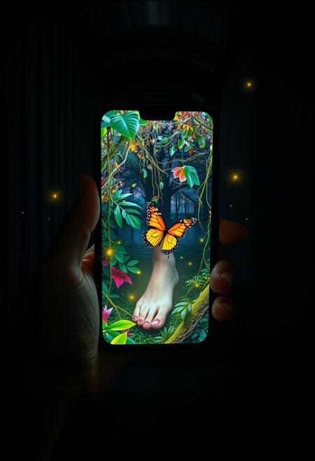 POV image of a woman holding a phone with one hand and putting the other hand inside the phone, inside a very dark prison cell. the phone displays a lush jungle filled with vivid and colorful plants and trees, illuminating mystical light. vines and leaves come out of the phone and tangles with the woman's foot, making the image magical and whimsical. fireflies surround the phone. a colorful butterfly landed on the woman's foot inside the phone. the phone looks like a portal into the jungle. the room is empty and gloomy dark. <lora:PCB_Image_Enhancer_for_FLUX:0.7>